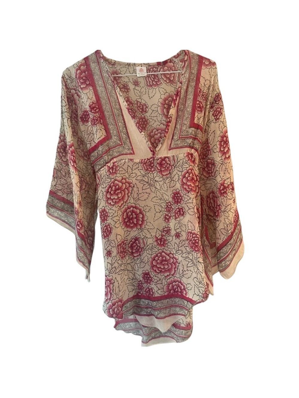 SHEER NEUTRAL FLORAL HIPPIE 100% COTTON V-NECK  BLOUSE& TIE AT BACK BELL SLEEVES